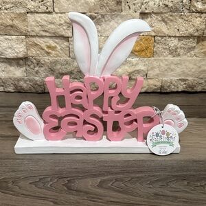 Pink and White Happy Easter Bunny Sign
